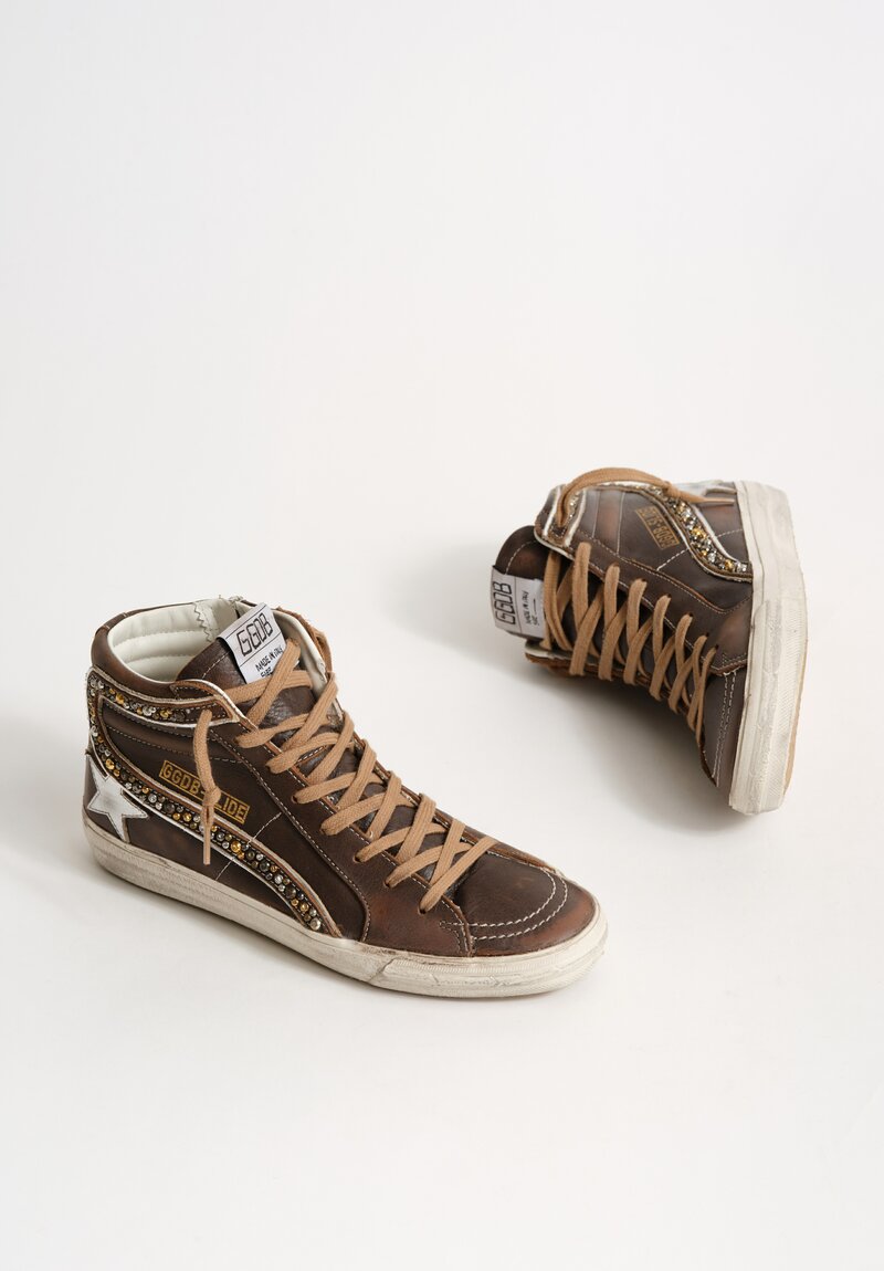 Golden Goose Leather Slide Sneakers with Studded Wave in Brown