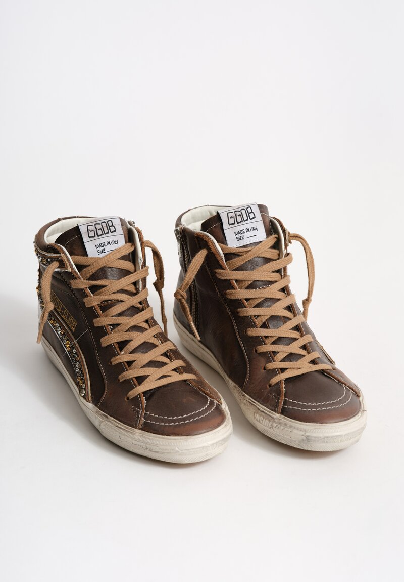 Golden Goose Leather Slide Sneakers with Studded Wave in Brown