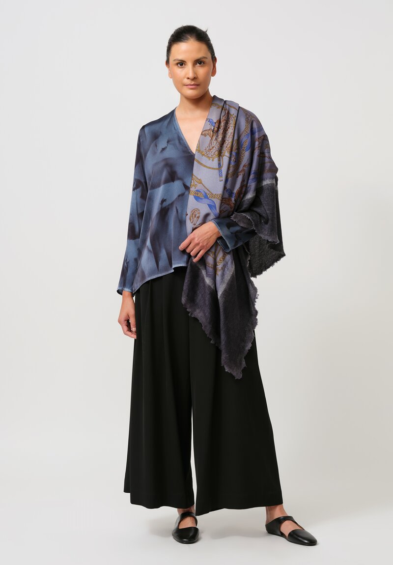 Avant Toi Hand-Painted Silk V-Neck Barchetta Top in Nero Marbled Titanium Blue