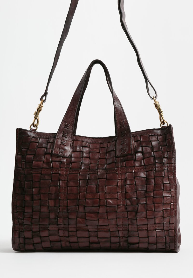 Campomaggi Large Leather Woven Edera Shopping Bag Dark Brown