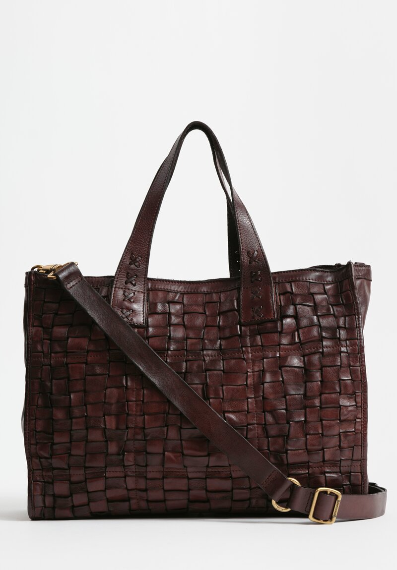 Campomaggi Large Leather Woven Edera Shopping Bag Dark Brown