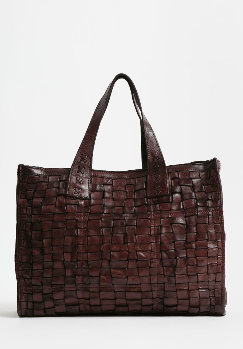 Campomaggi Large Leather Woven Edera Shopping Bag Dark Brown