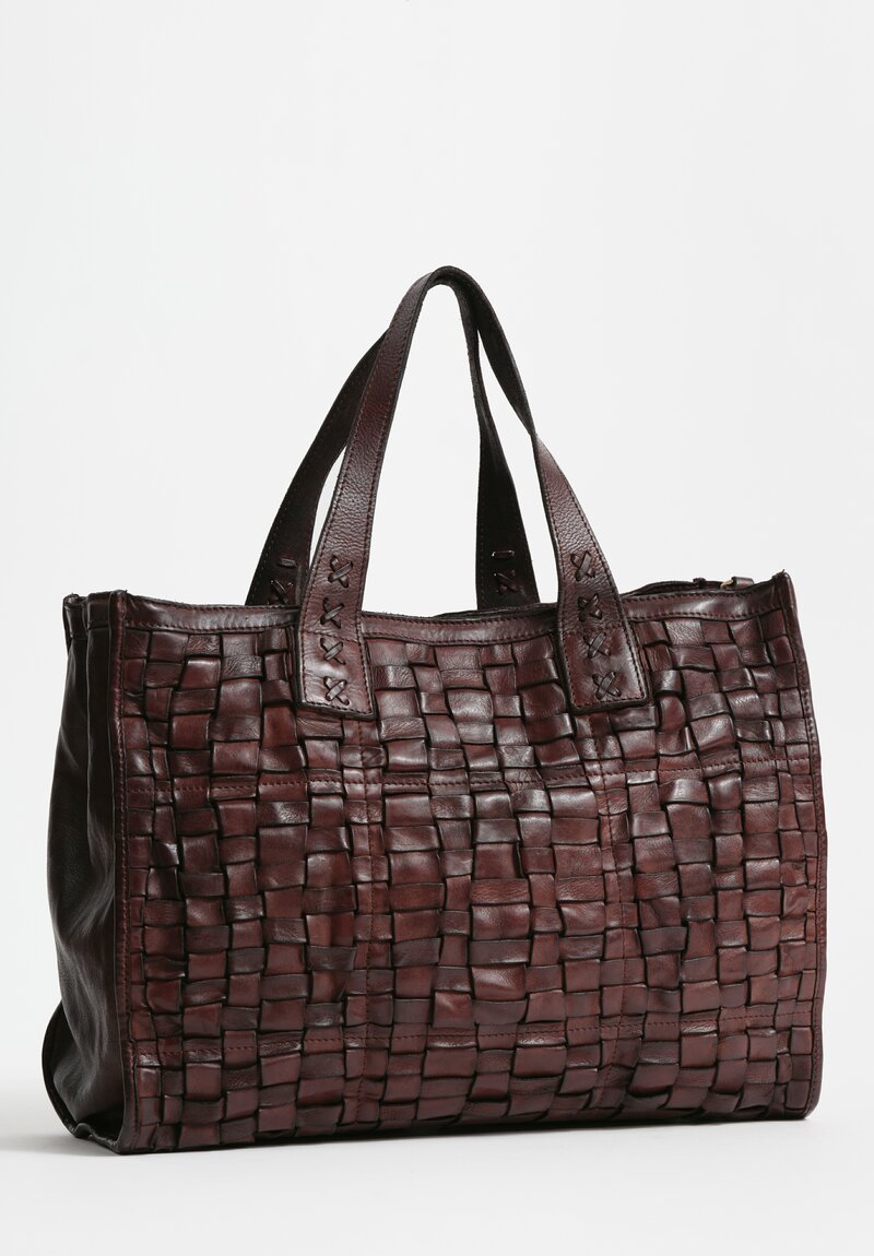 Campomaggi Large Leather Woven Edera Shopping Bag Dark Brown