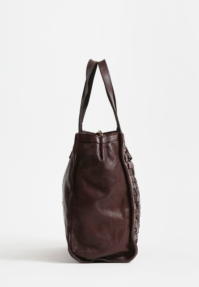 Campomaggi Large Leather Woven Edera Shopping Bag Dark Brown