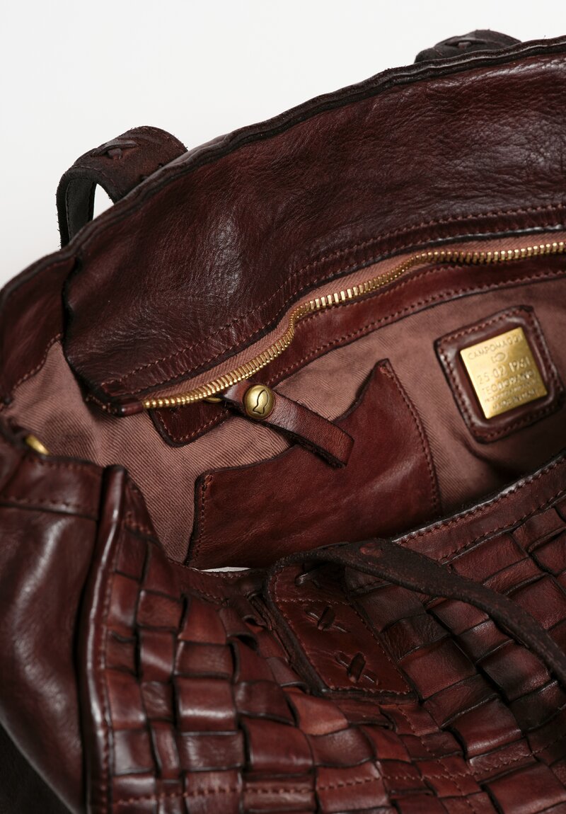 Campomaggi Large Leather Woven Edera Shopping Bag Dark Brown