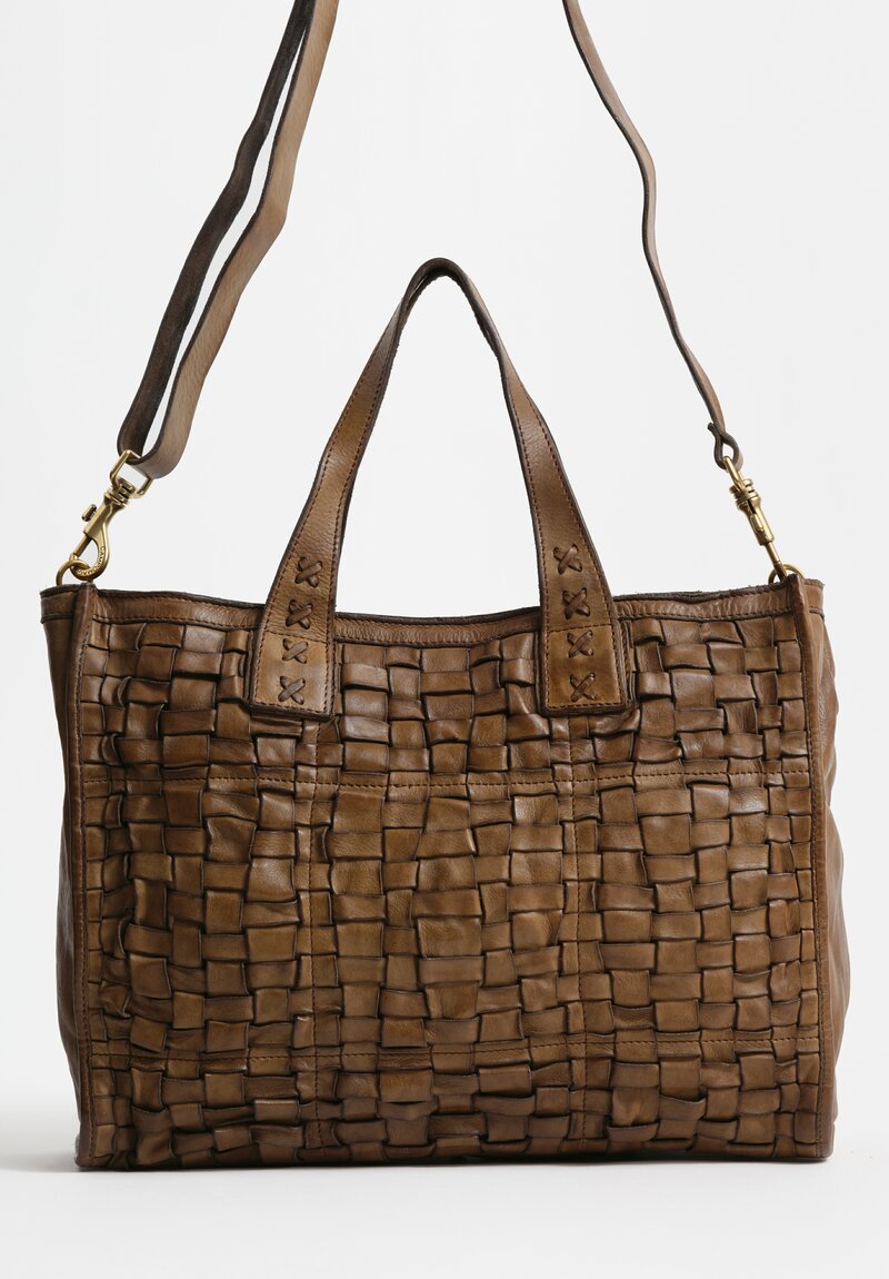 Campomaggi Large Leather Woven Edera Shopping Bag Military Green