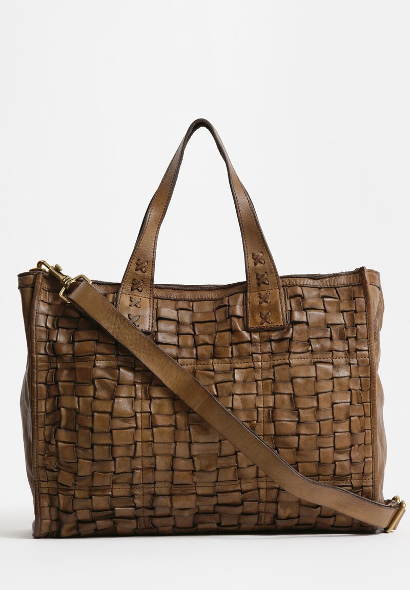 Campomaggi Large Leather Woven Edera Shopping Bag Military Green