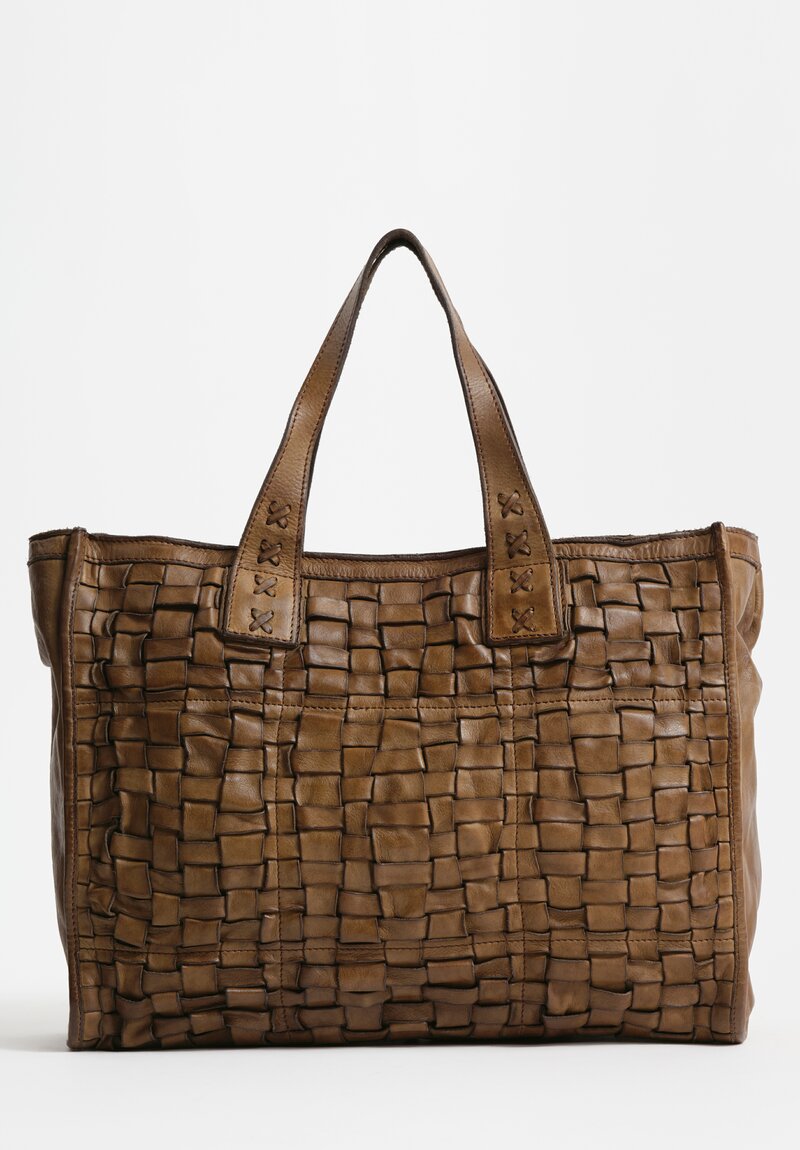 Campomaggi Large Leather Woven Edera Shopping Bag Military Green