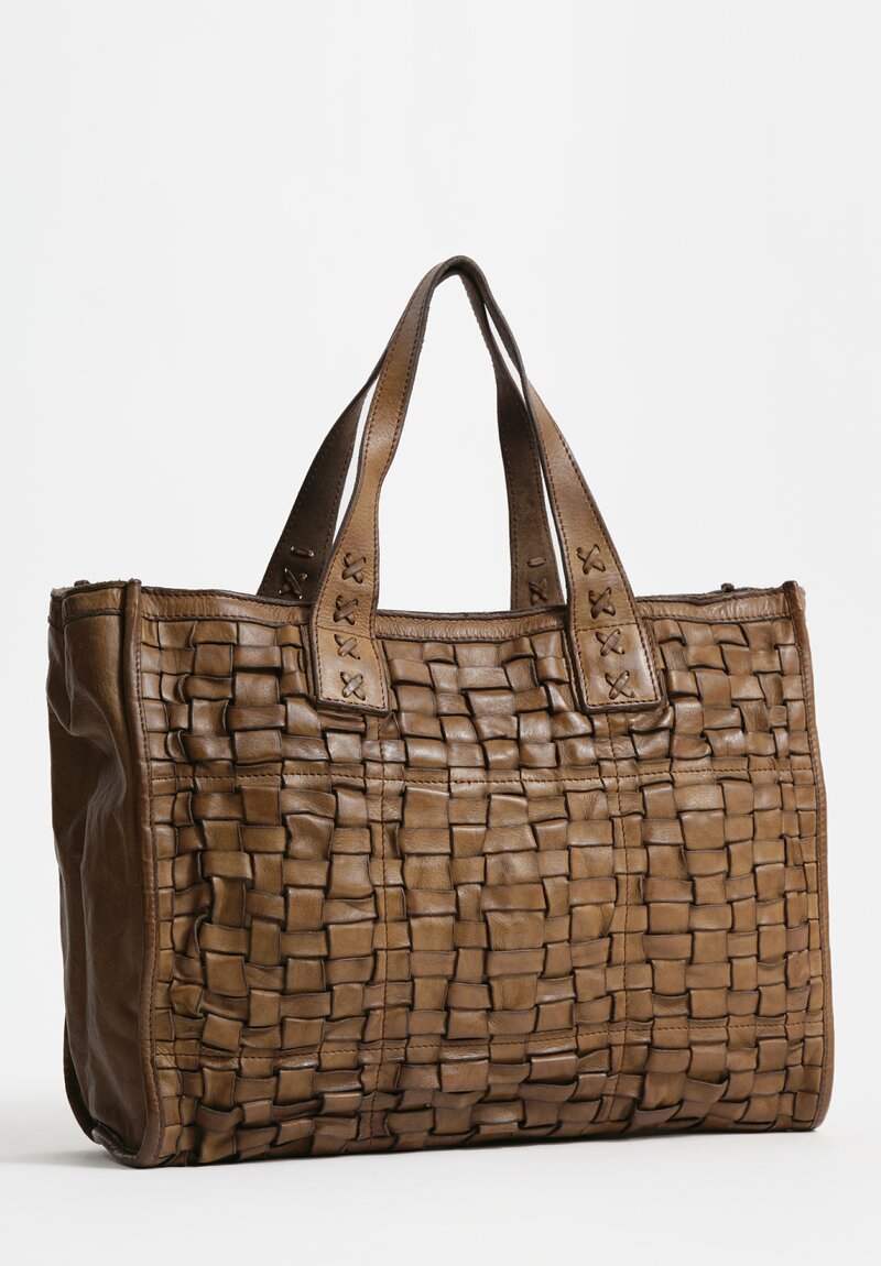 Campomaggi Large Leather Woven Edera Shopping Bag Military Green