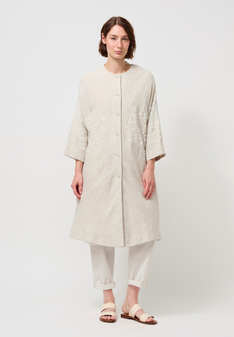 AODress Handloom Linen Niwa Embellished Cocoon Coat in Stone
