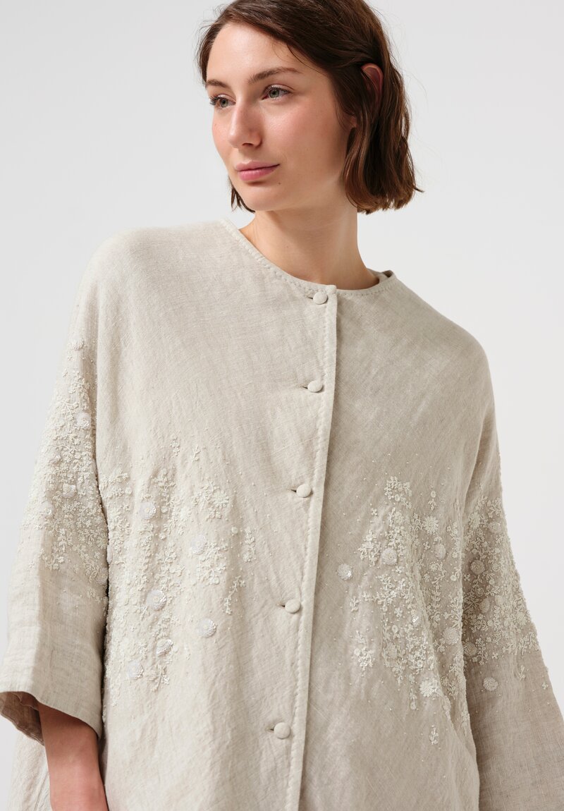 AODress Handloom Linen Niwa Embellished Cocoon Coat in Stone