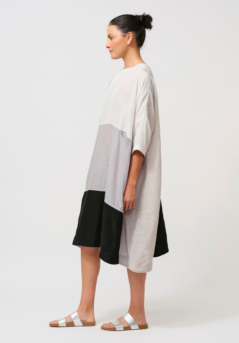 AODress Handloom Linen & Silk Patchwork Dress in Stone & Blue Gingham