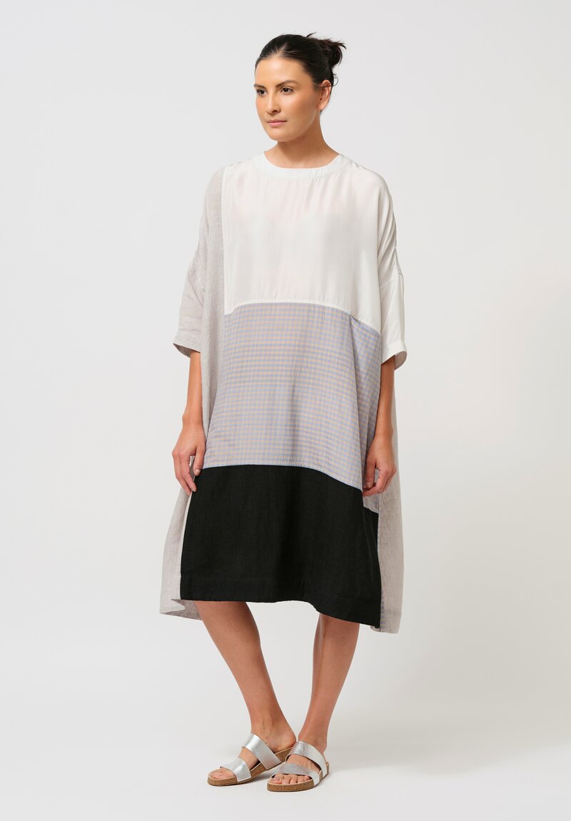 AODress Handloom Linen & Silk Patchwork Dress in Stone & Blue Gingham