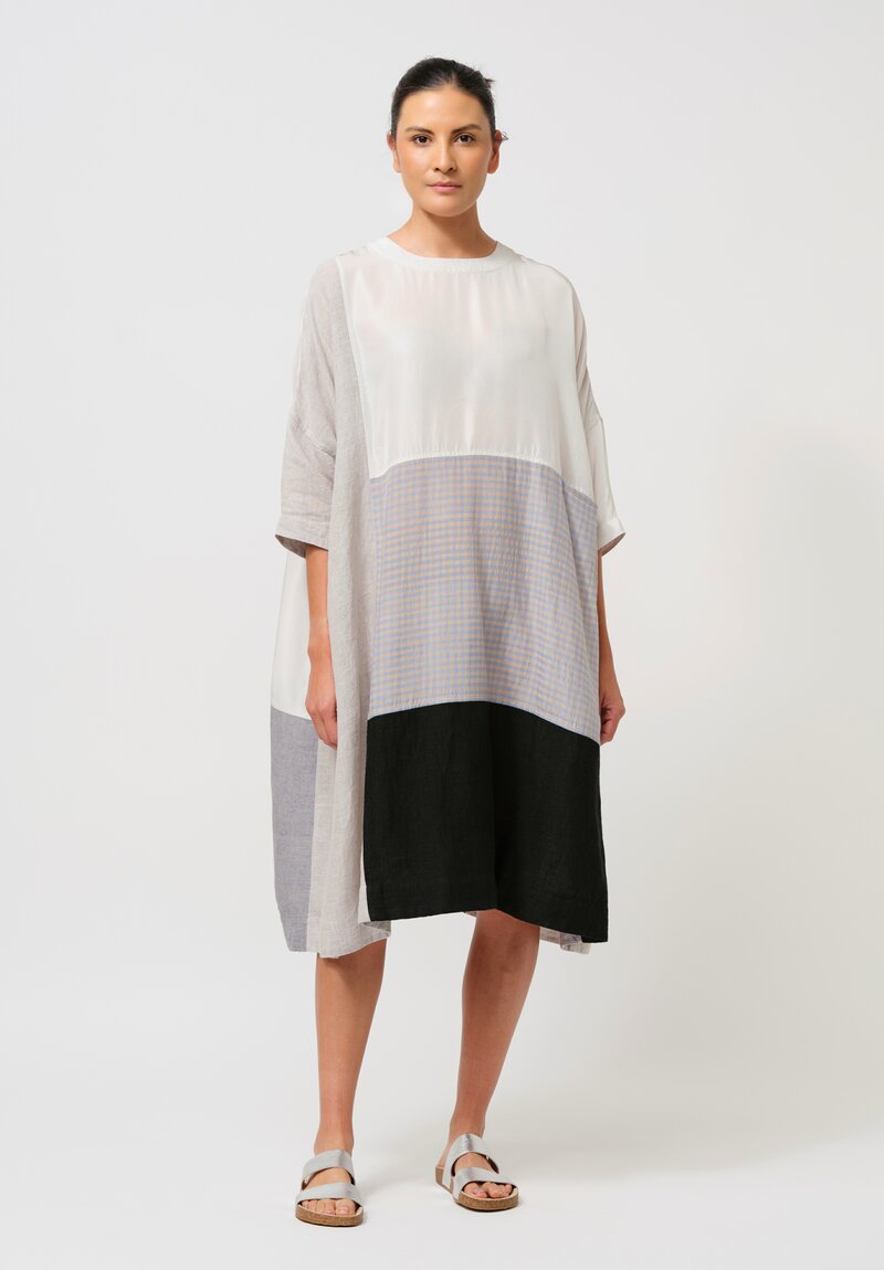 AODress Handloom Linen & Silk Patchwork Dress in Stone & Blue Gingham