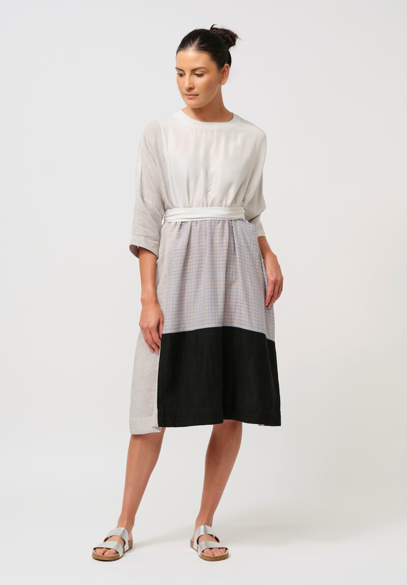 AODress Handloom Linen & Silk Patchwork Dress in Stone & Blue Gingham