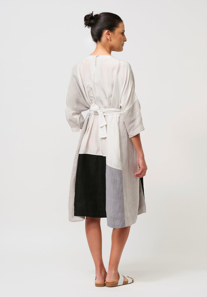 AODress Handloom Linen & Silk Patchwork Dress in Stone & Blue Gingham