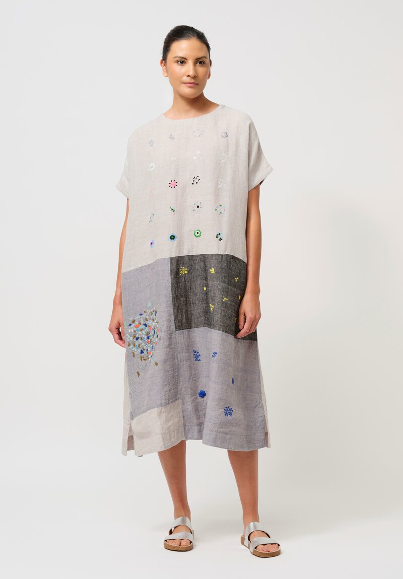 AODress Handloom Linen Embellished Patchwork Dress in Pearl Grey