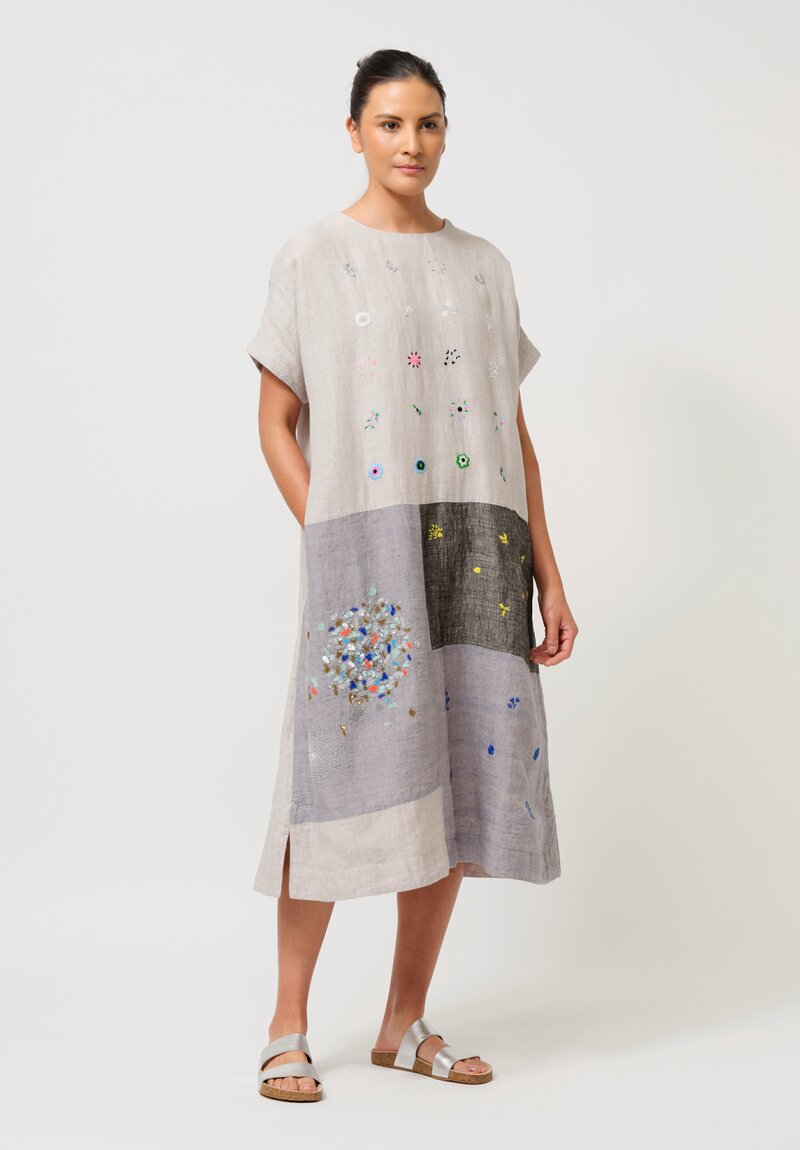 AODress Handloom Linen Embellished Patchwork Dress in Pearl Grey