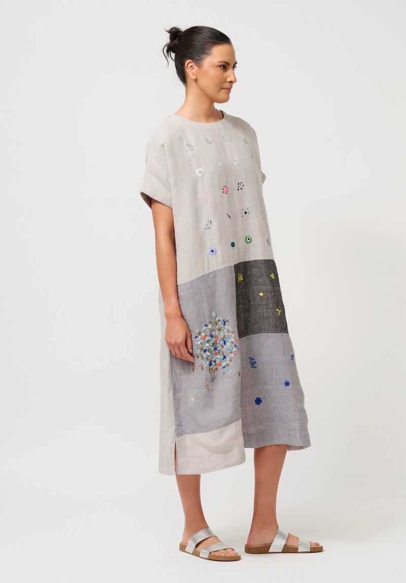 AODress Handloom Linen Embellished Patchwork Dress in Pearl Grey