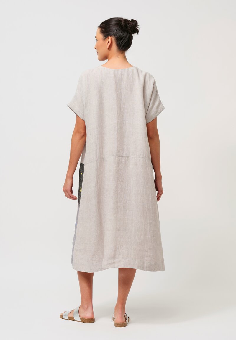 AODress Handloom Linen Embellished Patchwork Dress in Pearl Grey