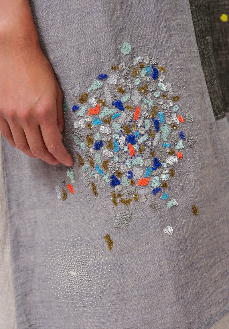 AODress Handloom Linen Embellished Patchwork Dress in Pearl Grey