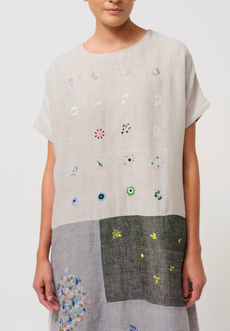 AODress Handloom Linen Embellished Patchwork Dress in Pearl Grey