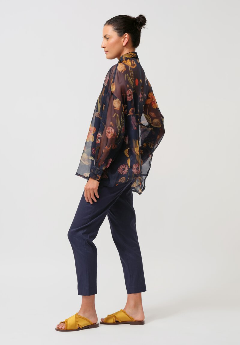 Biyan Organza Silk Solo Flora & Fauna Button-Down Shirt in Navy Blue