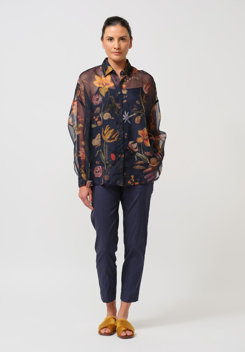 Biyan Organza Silk Solo Flora & Fauna Button-Down Shirt in Navy Blue