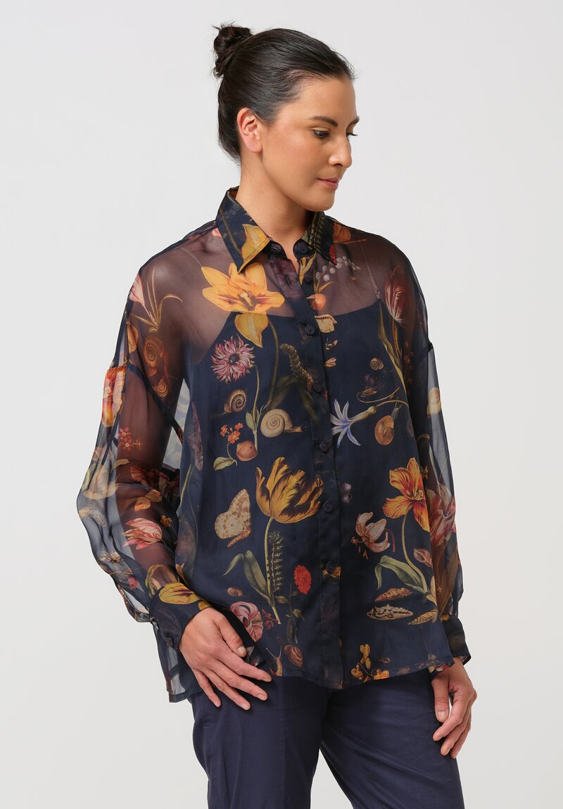 Biyan Organza Silk Solo Flora & Fauna Button-Down Shirt in Navy Blue