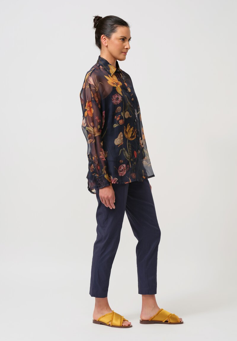 Biyan Organza Silk Solo Flora & Fauna Button-Down Shirt in Navy Blue