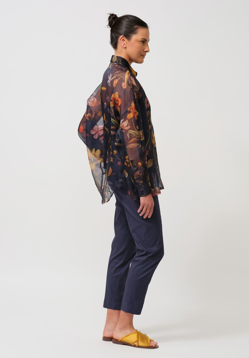Biyan Organza Silk Solo Flora & Fauna Button-Down Shirt in Navy Blue