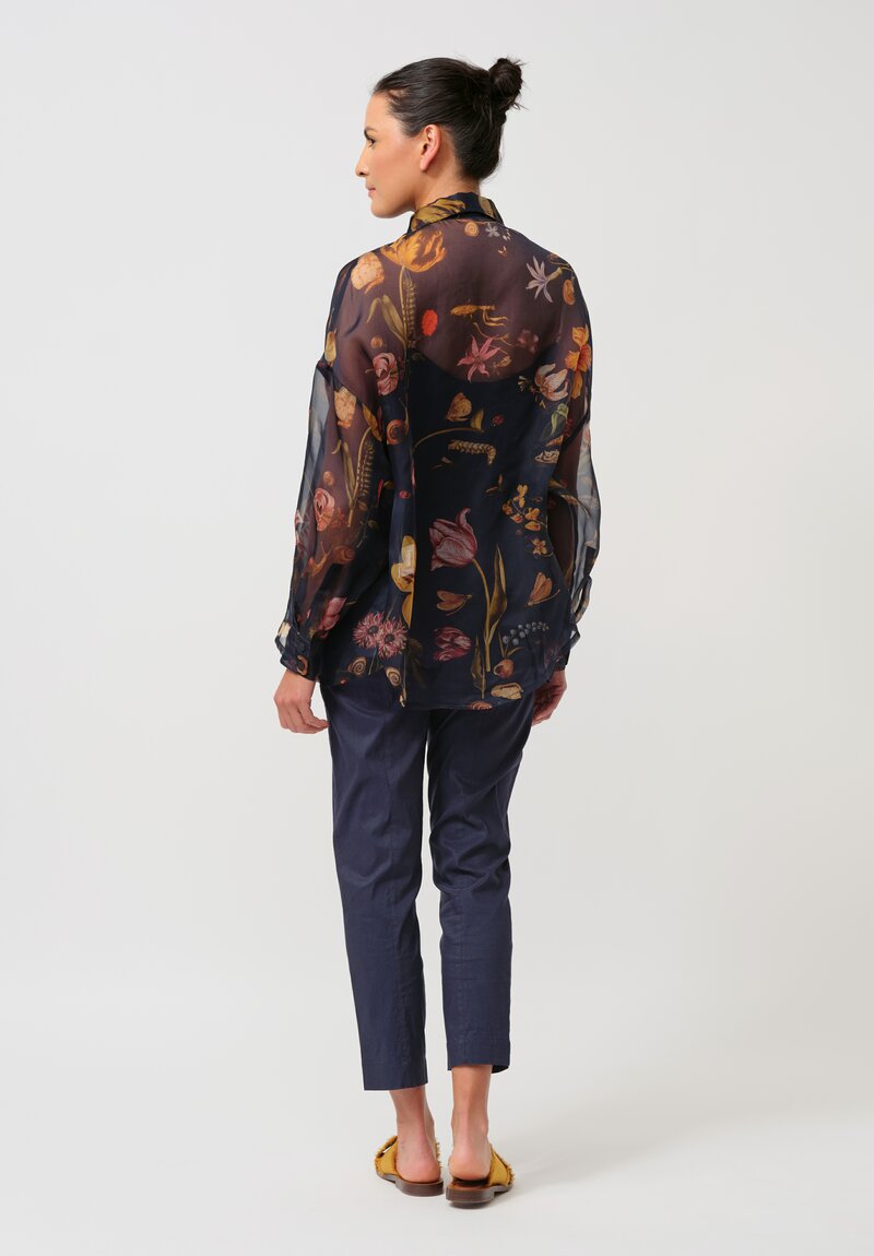 Biyan Organza Silk Solo Flora & Fauna Button-Down Shirt in Navy Blue