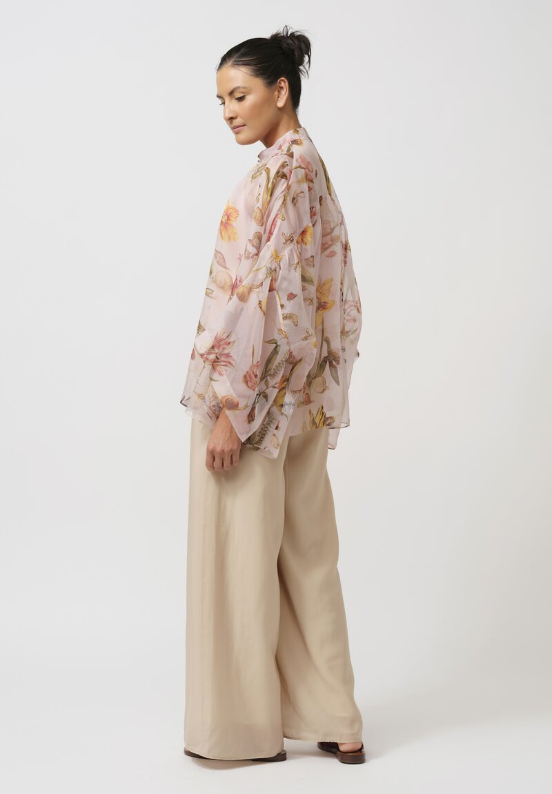 Biyan Organza Silk Sybil Flora & Fauna Band Collar Top in Powder Pink