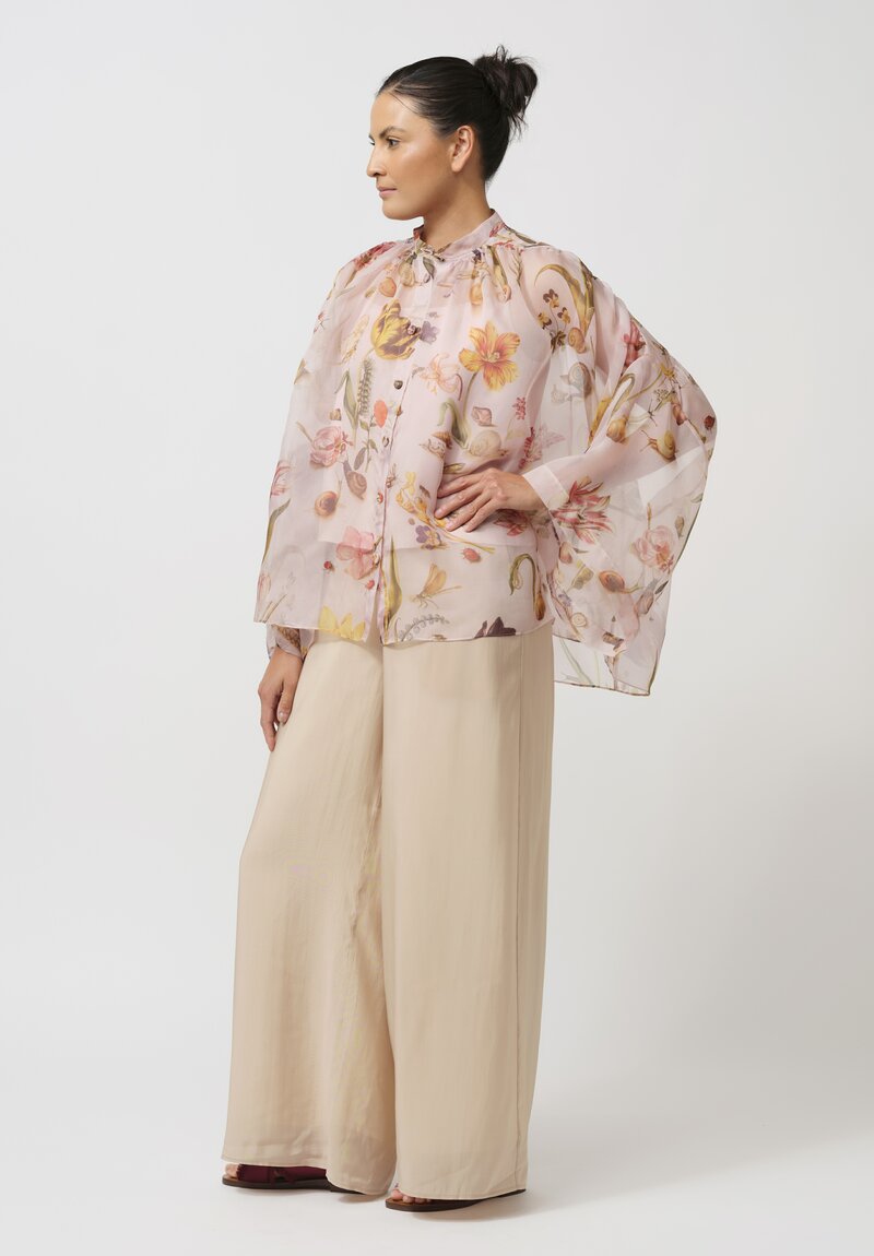 Biyan Organza Silk Sybil Flora & Fauna Band Collar Top in Powder Pink