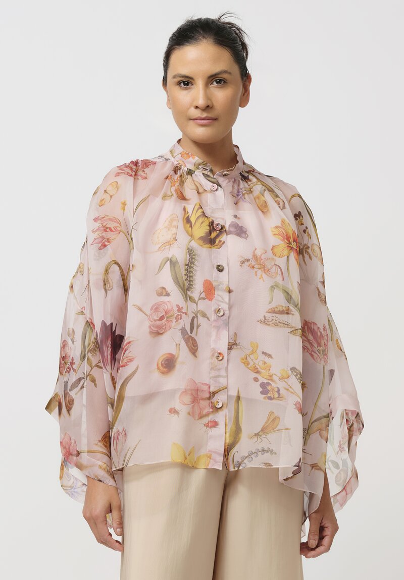 Biyan Organza Silk Sybil Flora & Fauna Band Collar Top in Powder Pink
