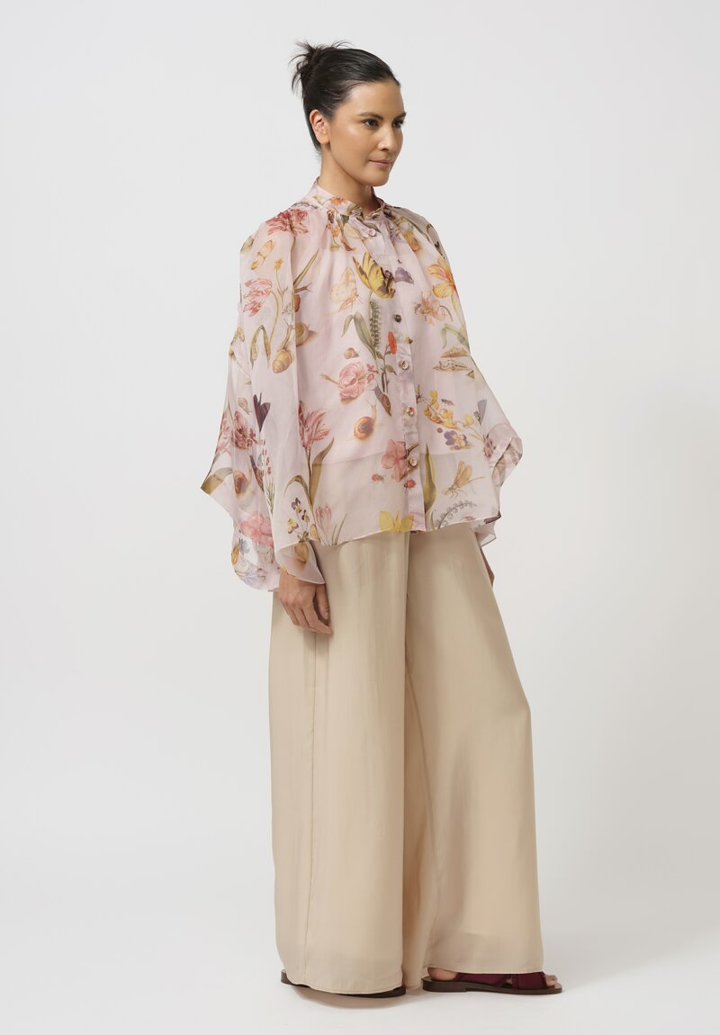 Biyan Organza Silk Sybil Flora & Fauna Band Collar Top in Powder Pink