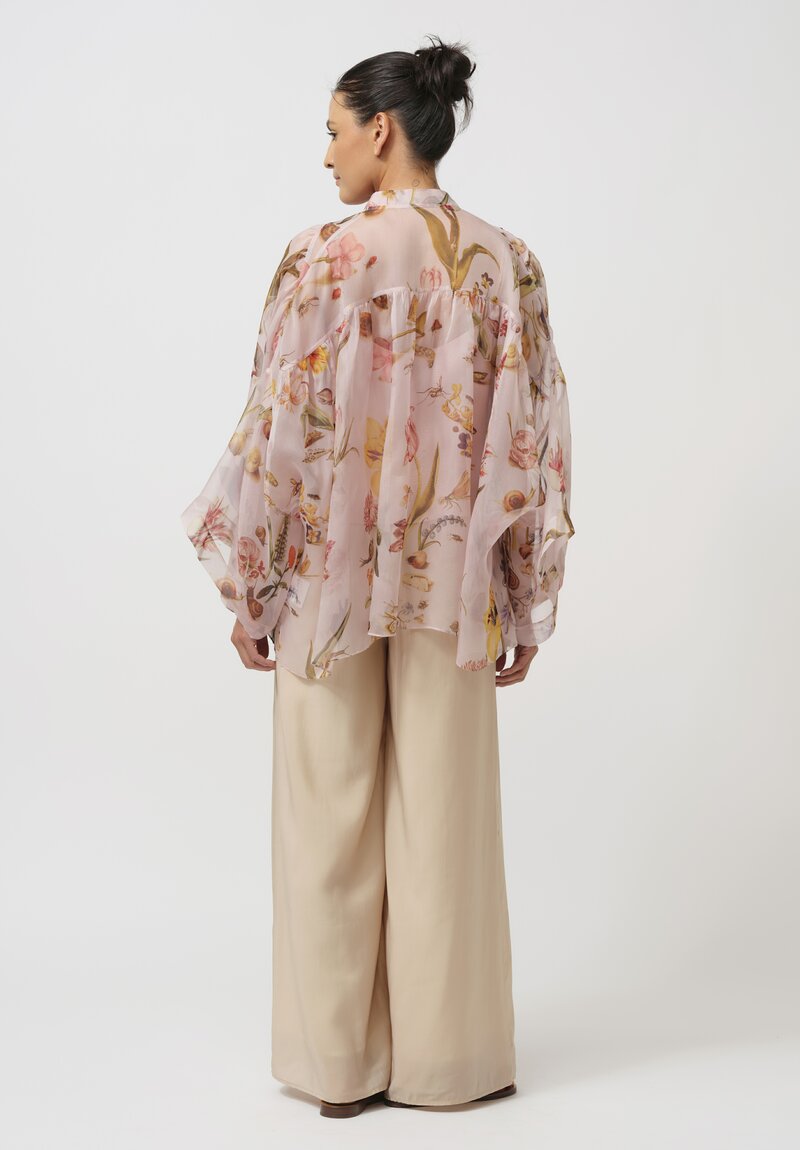Biyan Organza Silk Sybil Flora & Fauna Band Collar Top in Powder Pink
