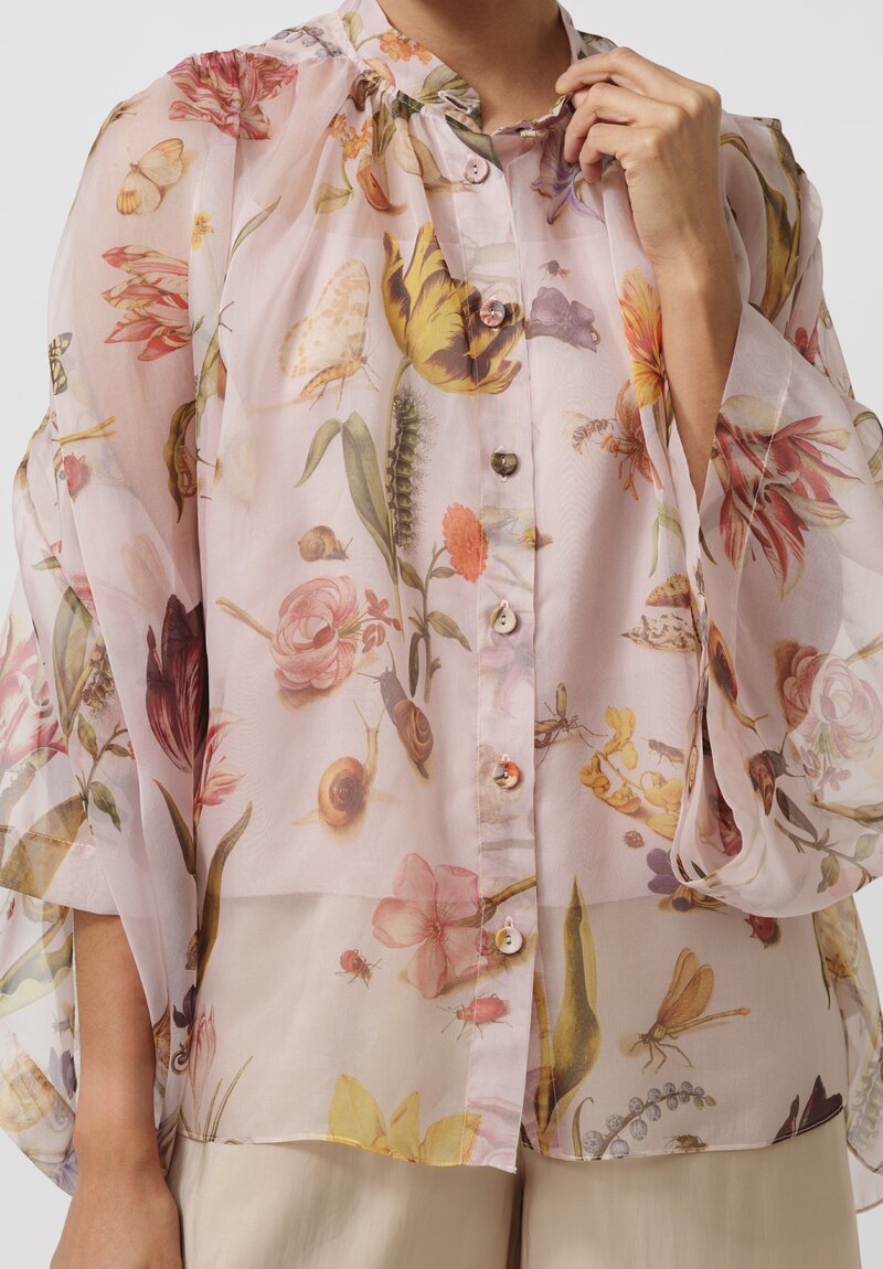 Biyan Organza Silk Sybil Flora & Fauna Band Collar Top in Powder Pink