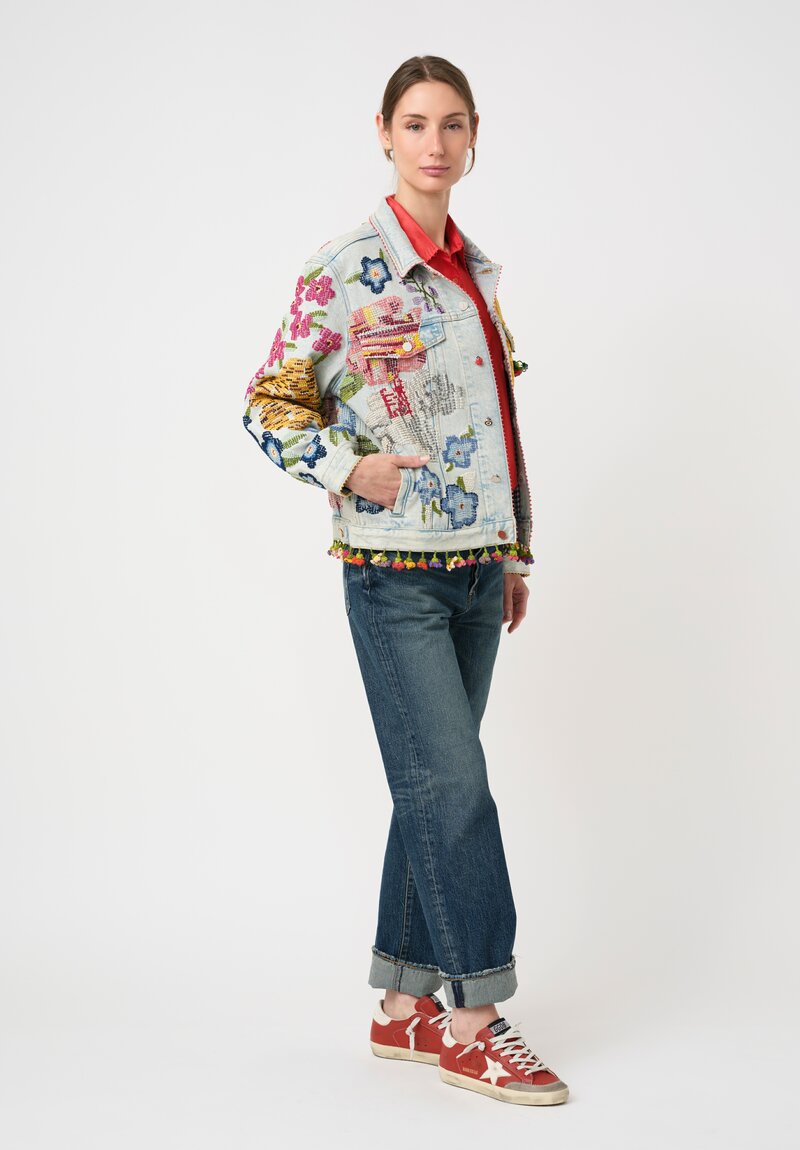 Péro Cotton Limited Edition Light-Wash Denim Jacket with Floral Embroidery