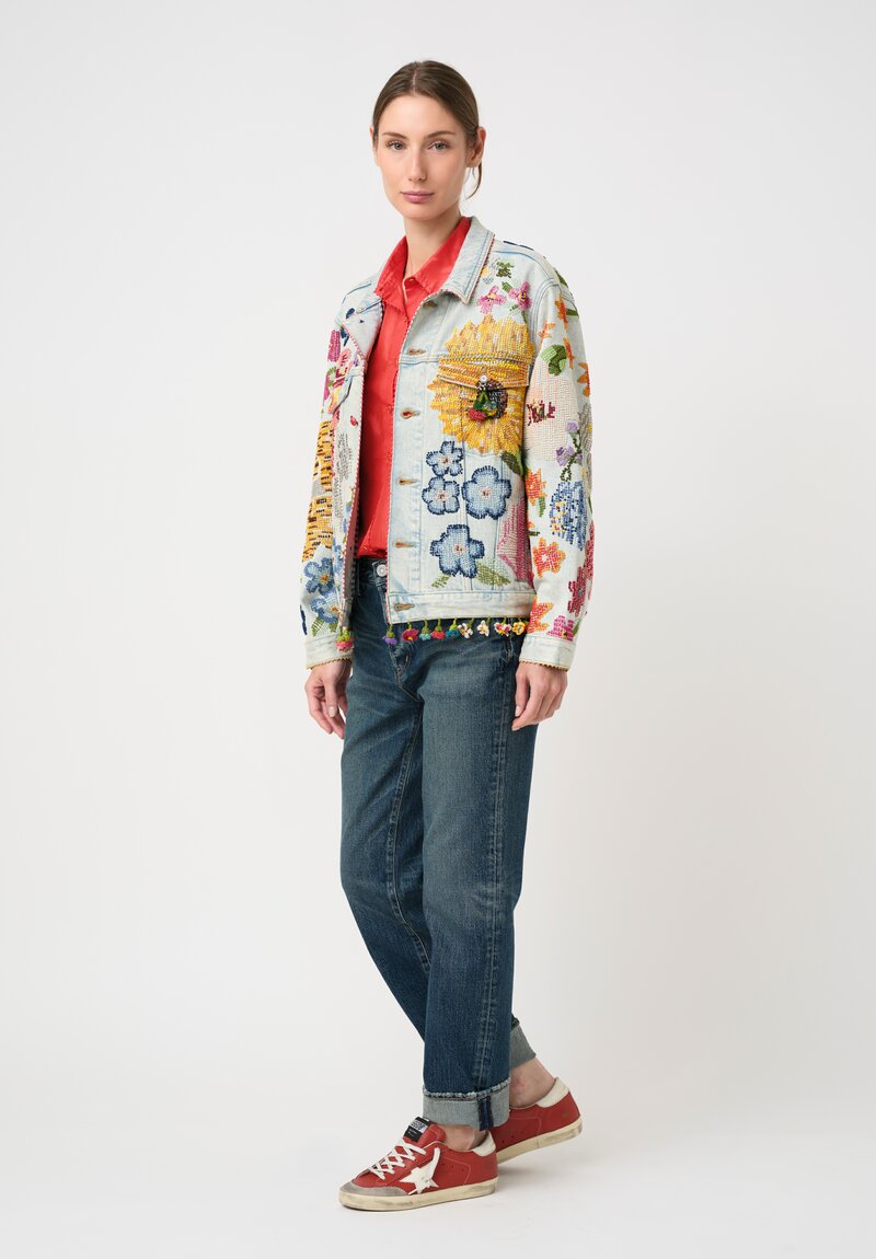 Péro Cotton Limited Edition Light-Wash Denim Jacket with Floral Embroidery