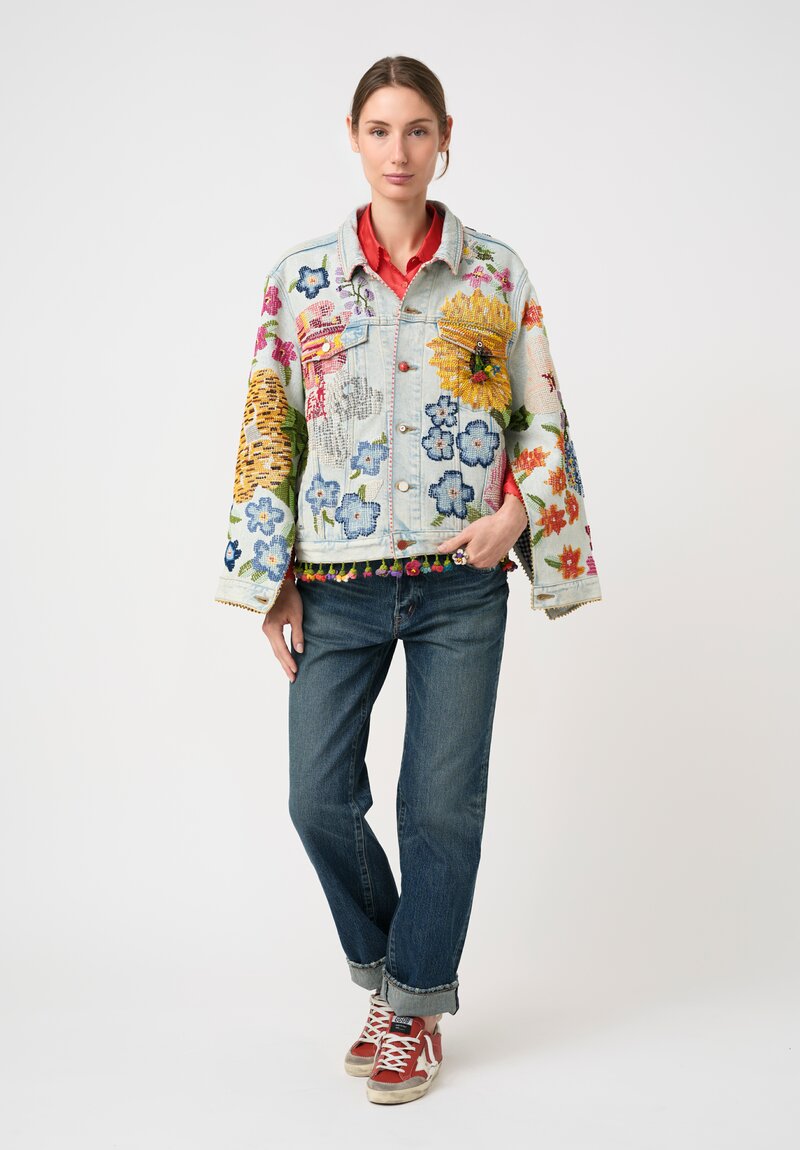 Péro Cotton Limited Edition Light-Wash Denim Jacket with Floral Embroidery