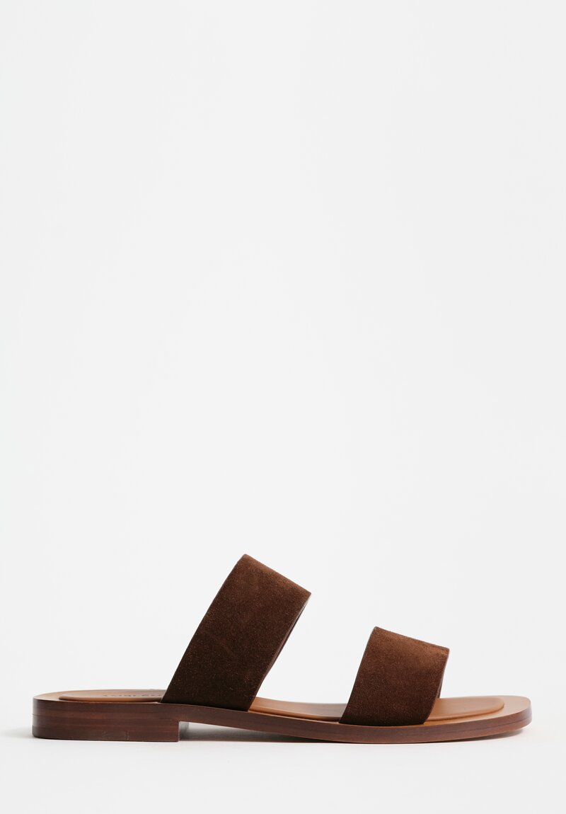 Amblẽme Calfskin Suede Ugalde Double-Band Slides in Cocoa