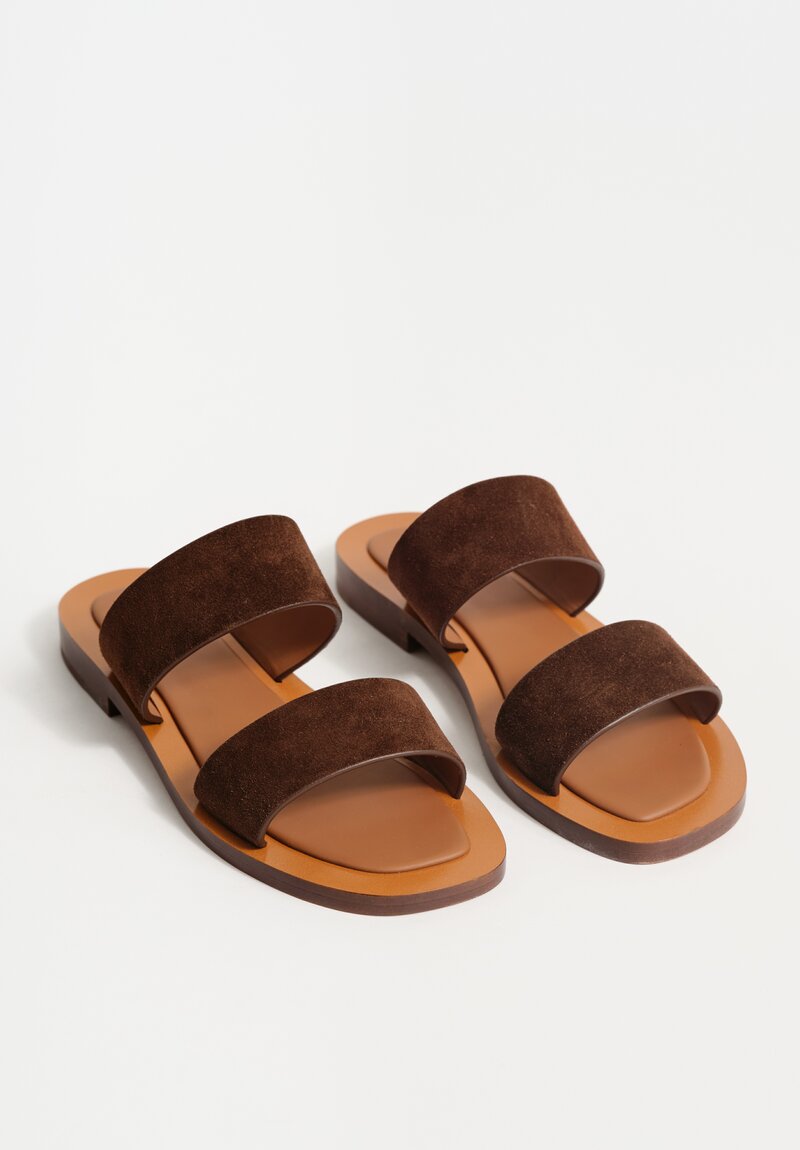 Amblẽme Calfskin Suede Ugalde Double-Band Slides in Cocoa