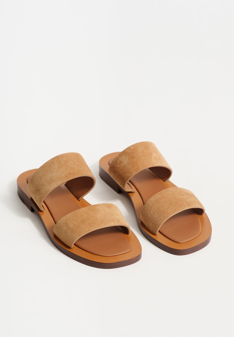 Amblẽme Calfskin Suede Ugalde Double-Band Slides in Cocoa