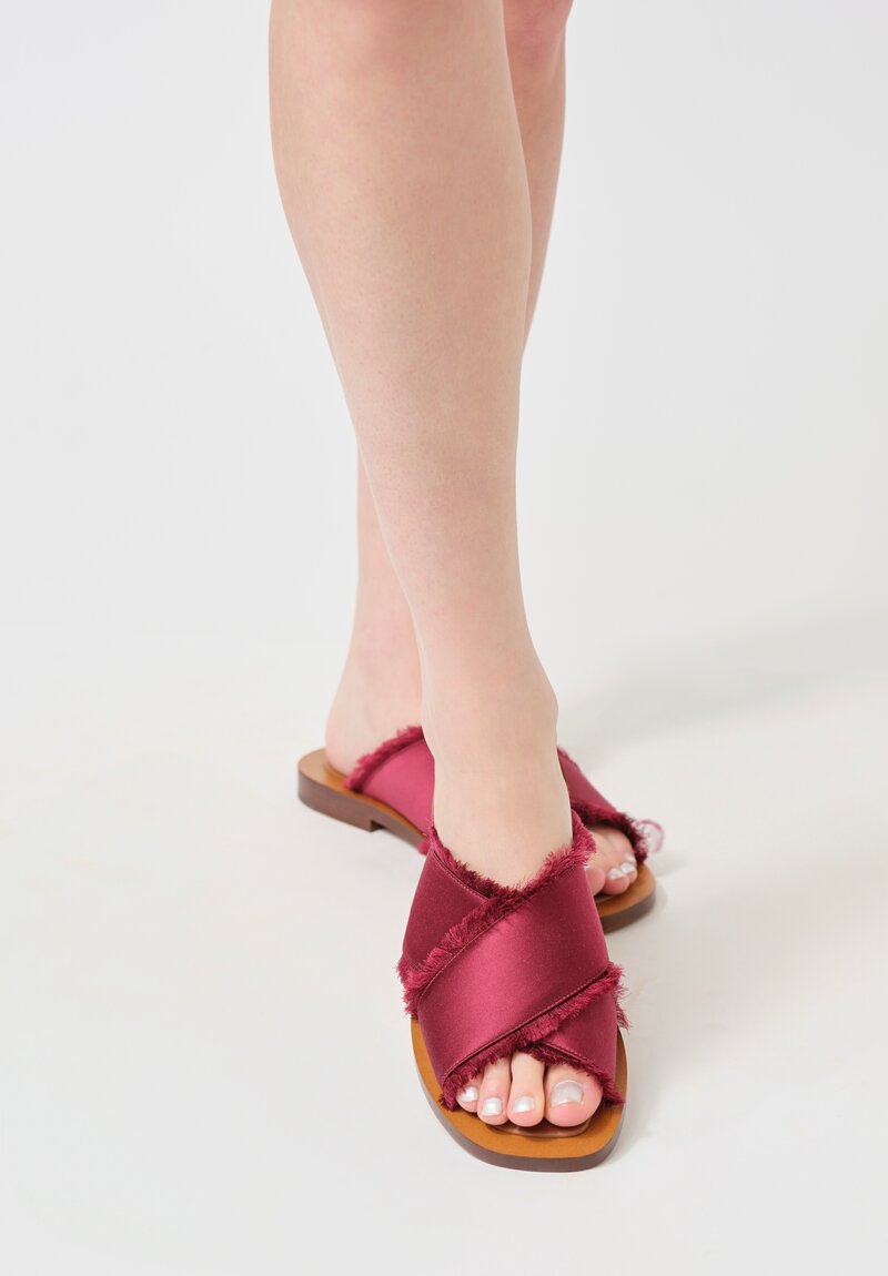 Amblẽme Silk & Calfskin Leather Madrague Crisscross Sandals in Burgundy