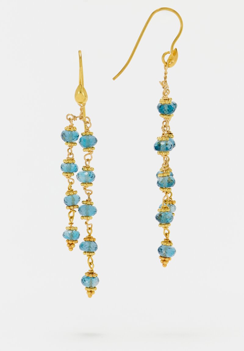 Greig Porter 18K Gold Dotted Disc & Faceted Sapphire Double Strand Earrings