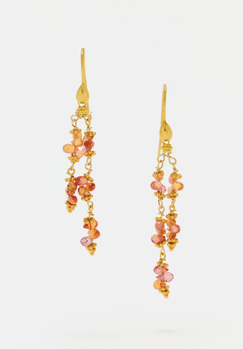 Greig Porter 18K Starbursts & Faceted Orange Sapphire Droplet Dangle Earrings 2.25"