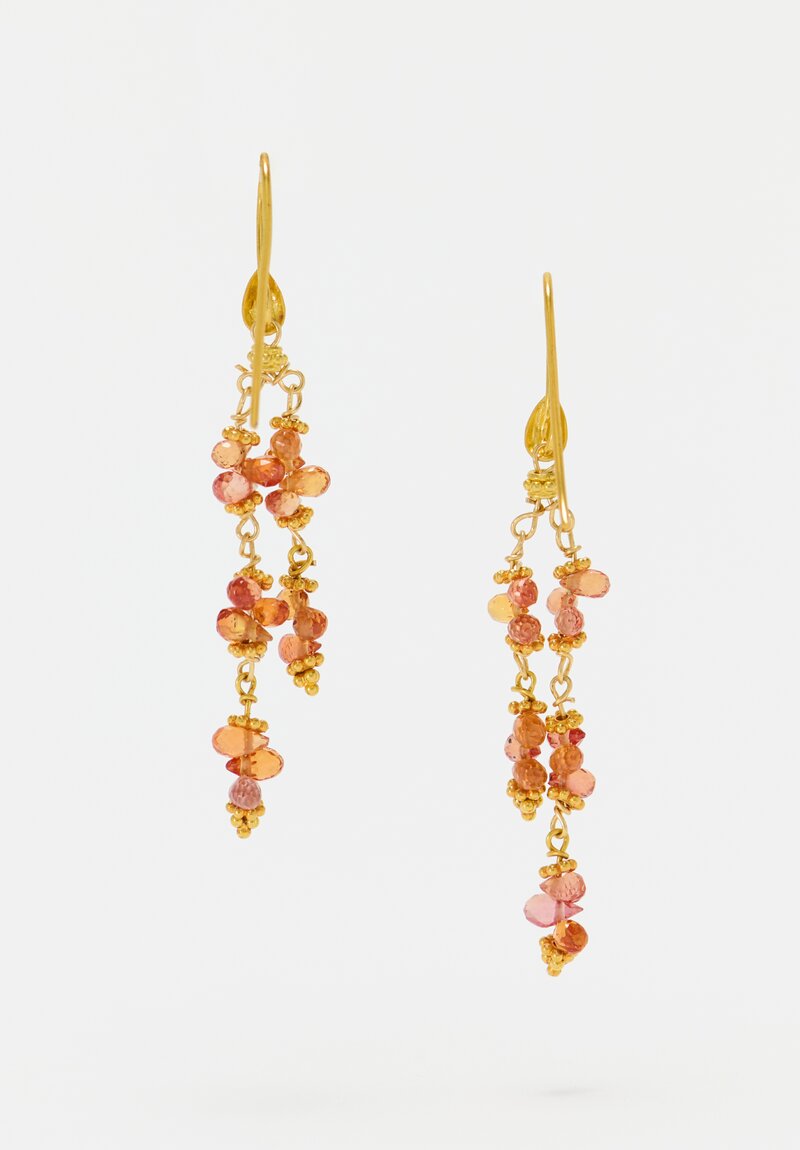Greig Porter 18K Starbursts & Faceted Orange Sapphire Droplet Dangle Earrings 2.25"
