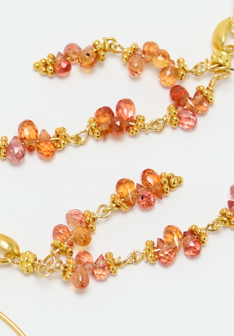 Greig Porter 18K Starbursts & Faceted Orange Sapphire Droplet Dangle Earrings 2.25"