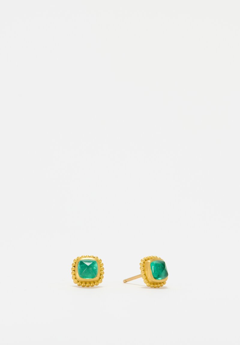 Prounis 22K Square Cabochon Emerald Granulated Stud Earrings 9x9 mm